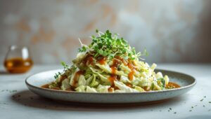 A plate of healthy cabbage stir-fry with vibrant vegetables, garnished with a sprinkle of chili flakes and soy sauce