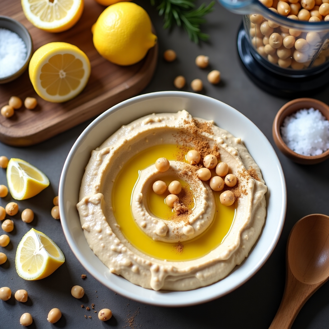 Bowl of creamy hummus recipe without tahini, garnished with olive oil, chickpeas, and cumin, surrounded by fresh ingredients.